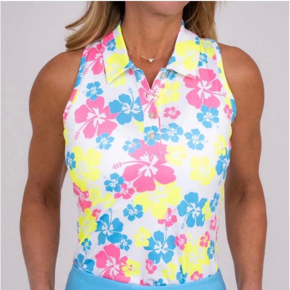 Taylor Jordan Racerback Golf Shirt - Neon Hibiscus Size XS Sleeveless Polo‎